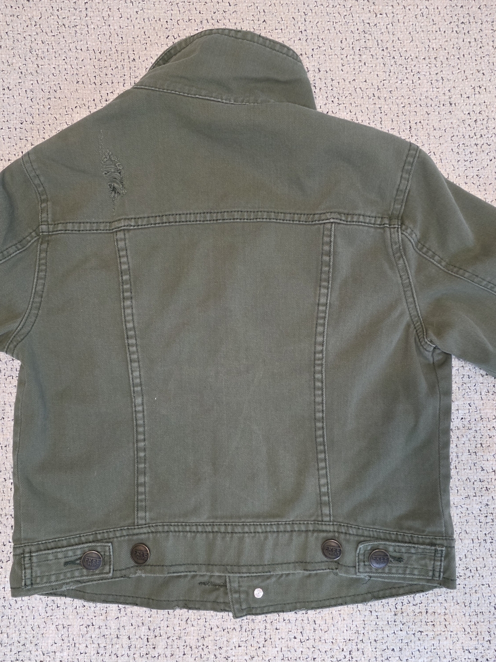 Free People Olive Green Distressed Denim Jacket Utility Trucker Boho - Picture 8 of 11